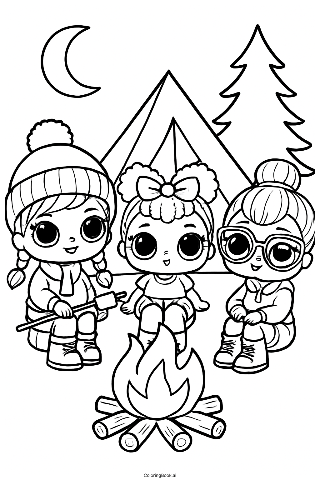 Página para colorir de Cena Noturna de Acampamento LOL