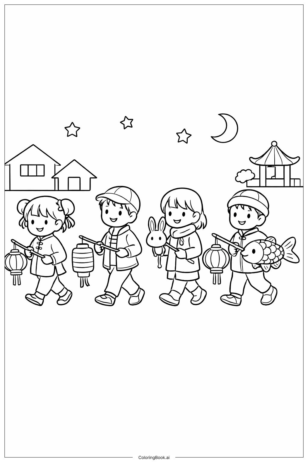  农历新年灯笼游行填色页 