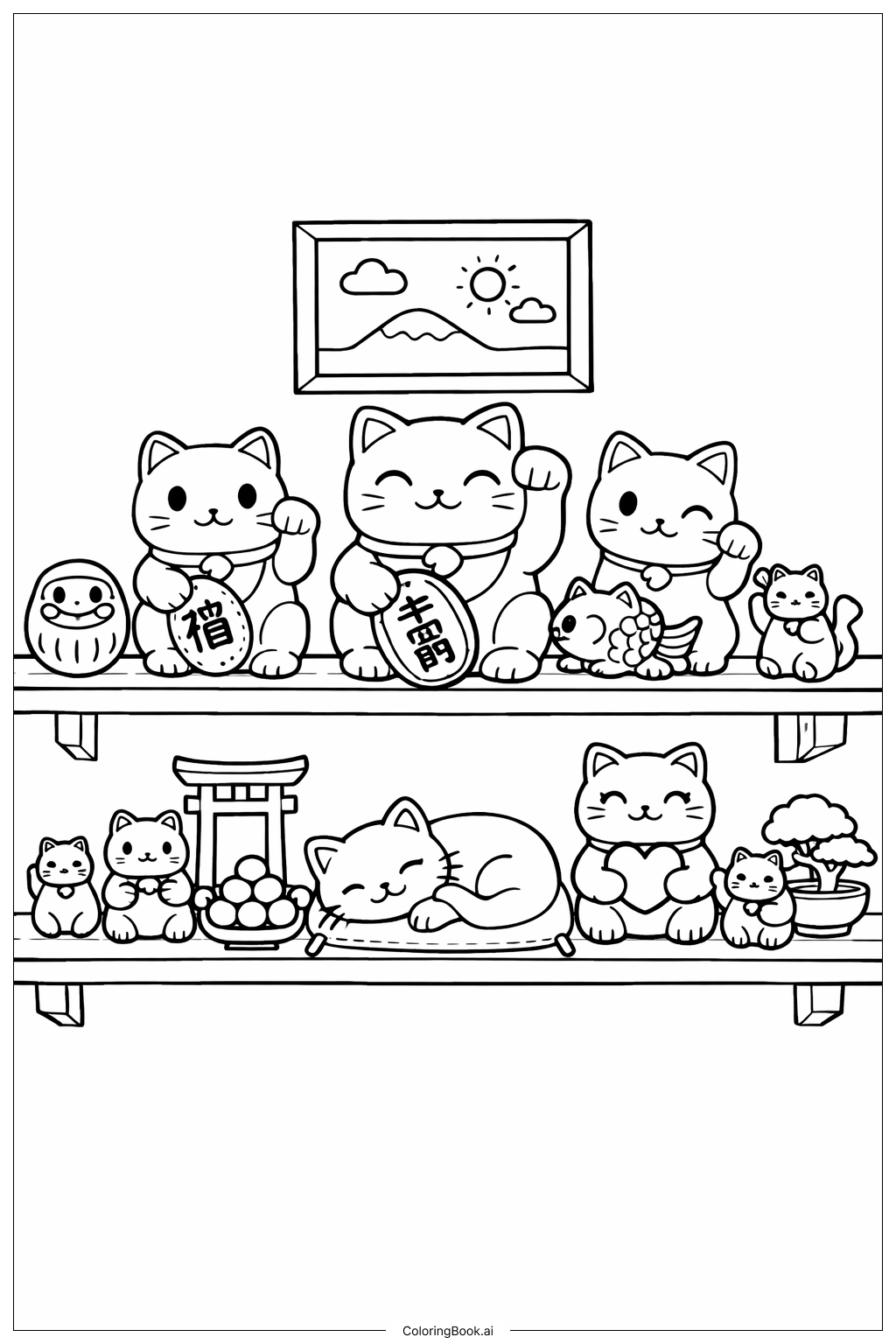  农历新年招财猫书架填色页 