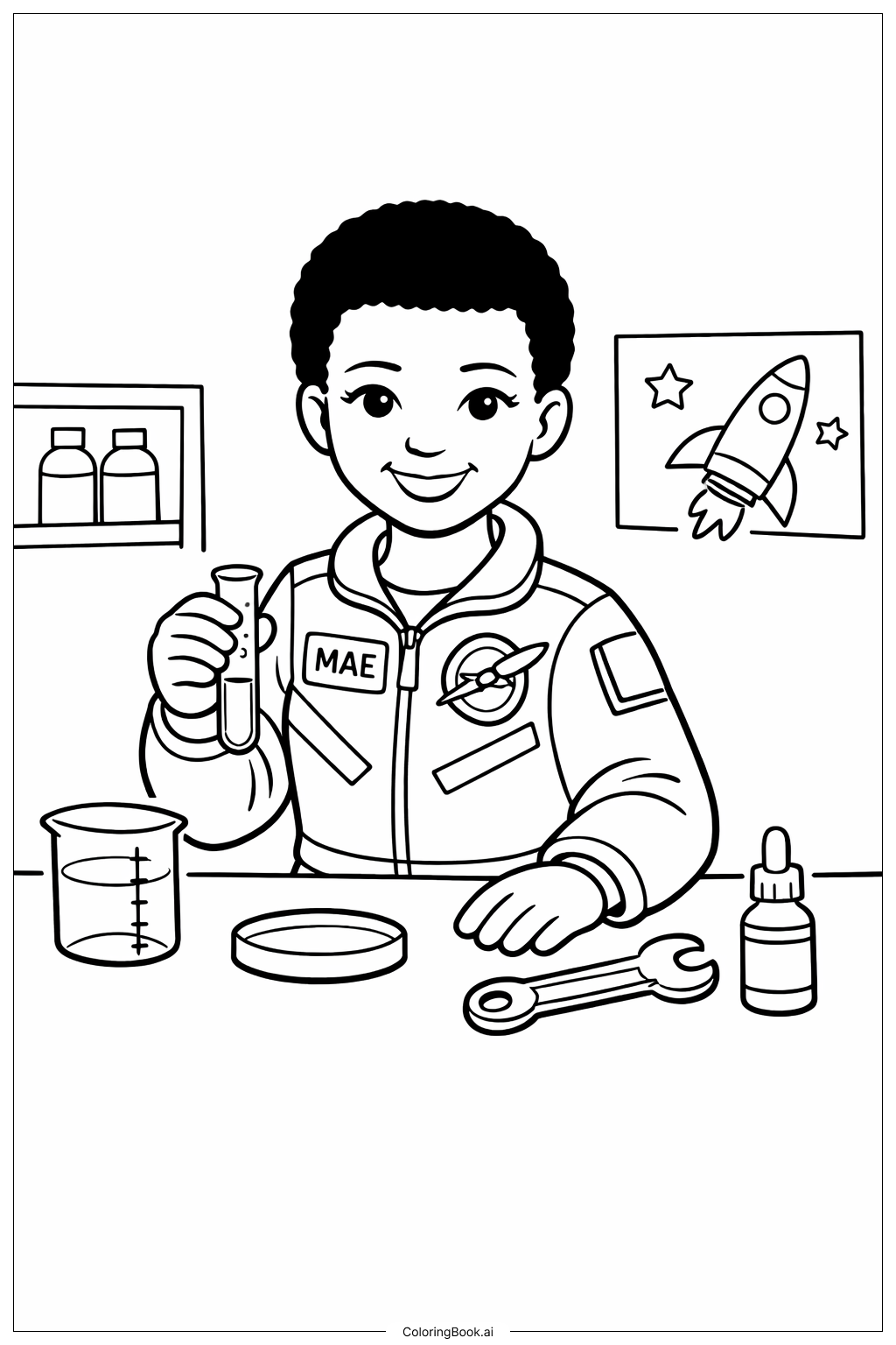  도구를 가진 연구실의 메이 제미슨 색칠공부 페이지 