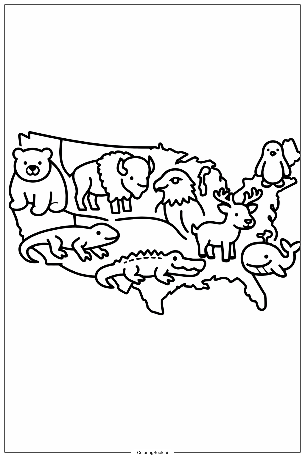  미국 동물 아이콘 지도 색칠공부 페이지 