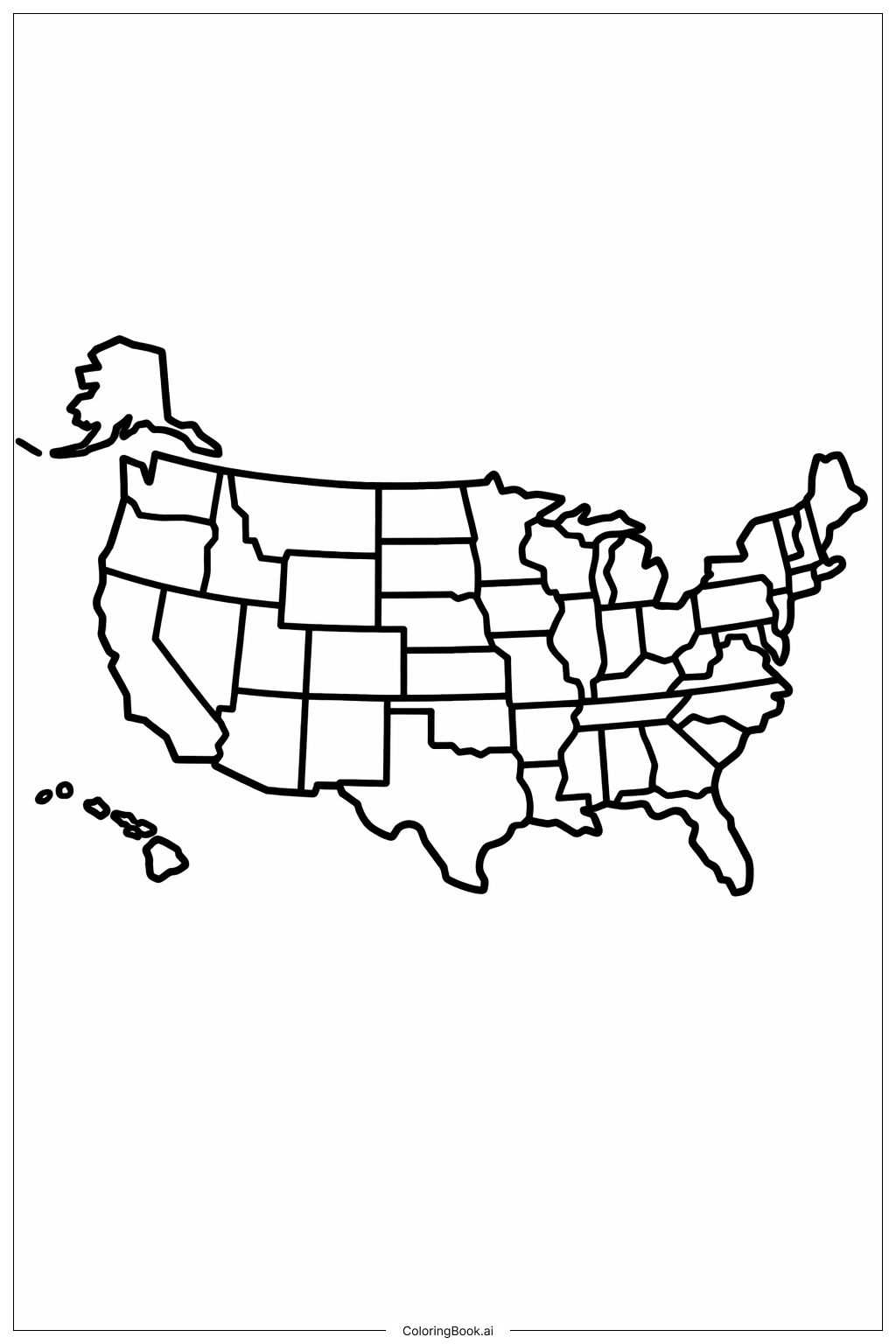  굵은 윤곽선의 미국 지도 색칠공부 페이지 
