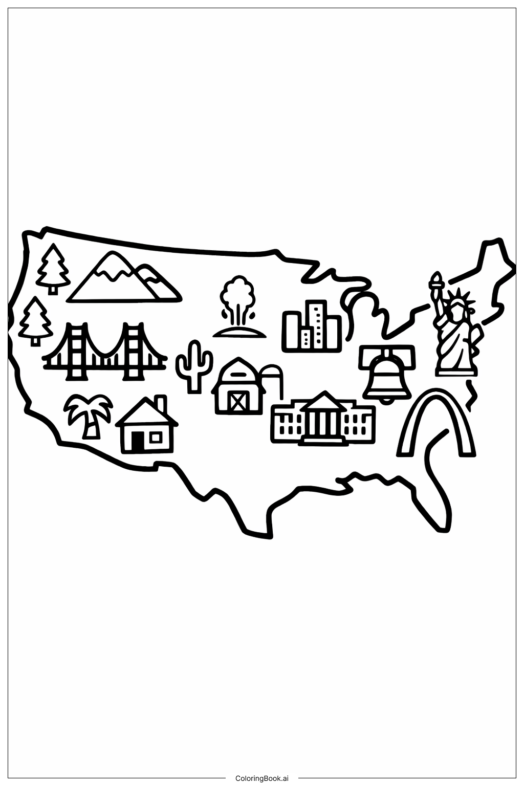  미국 지도 간단한 명소 색칠공부 페이지 