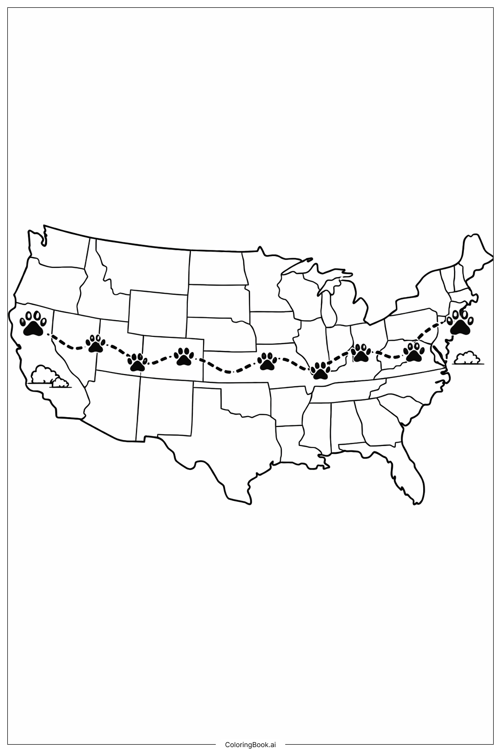  美國動物足跡地圖著色頁 