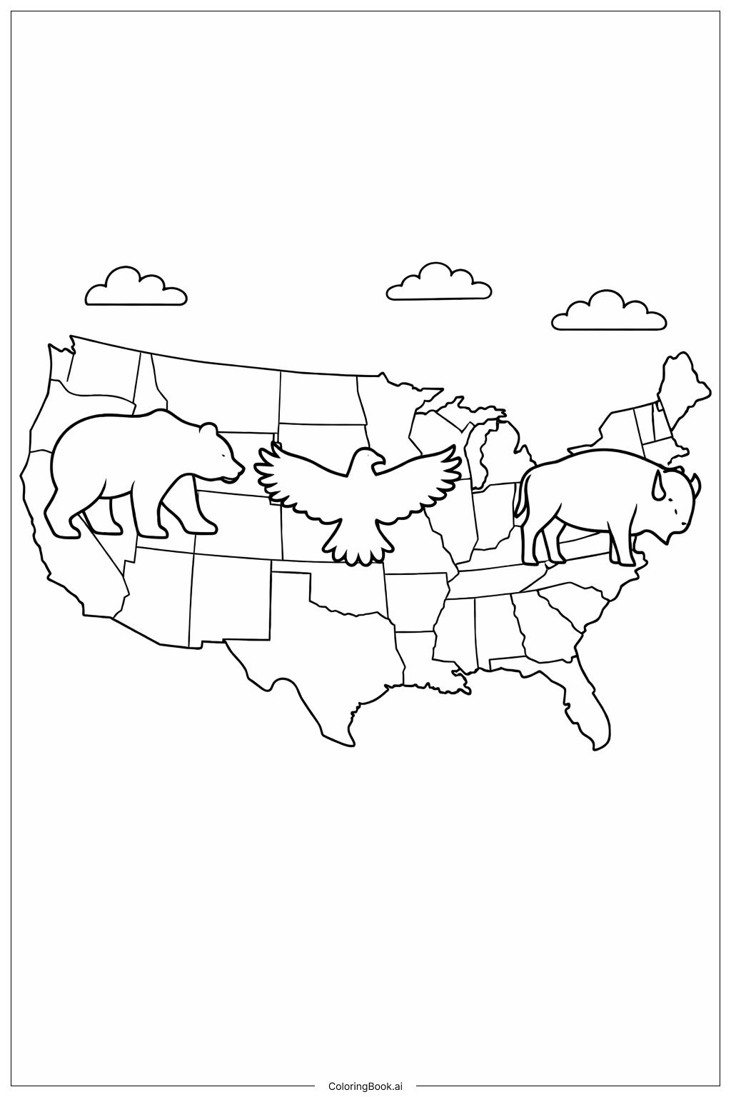  美國地圖與基本動物著色頁 