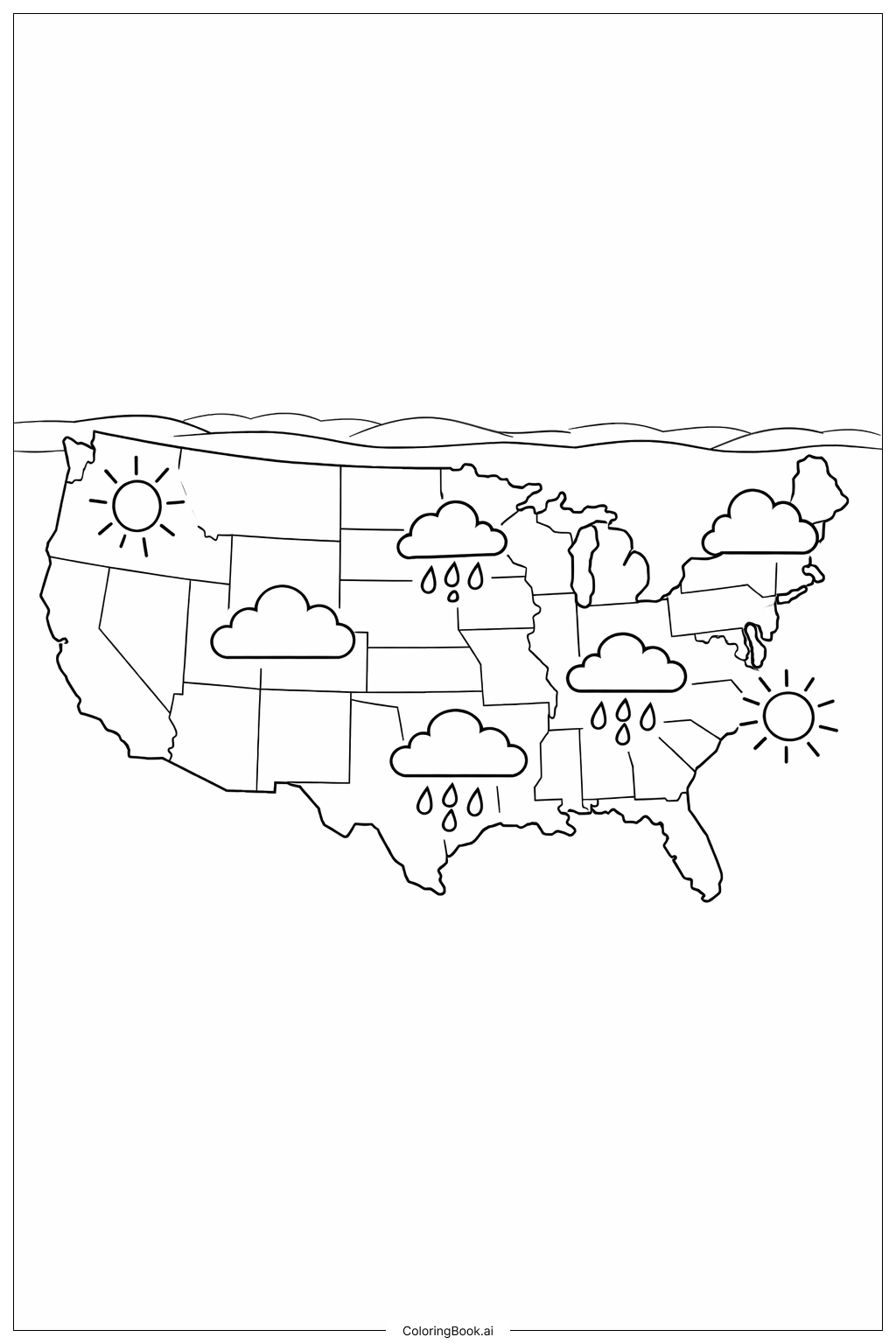  美國地圖與基本天氣圖示著色頁 