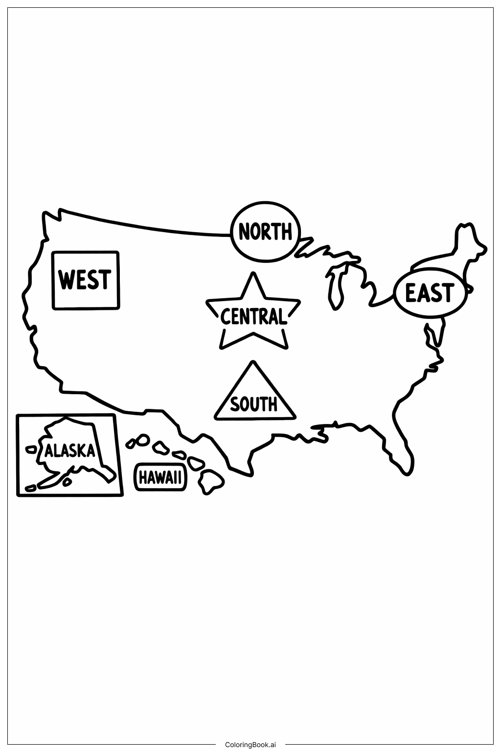  美國地圖與大城市首府著色頁 