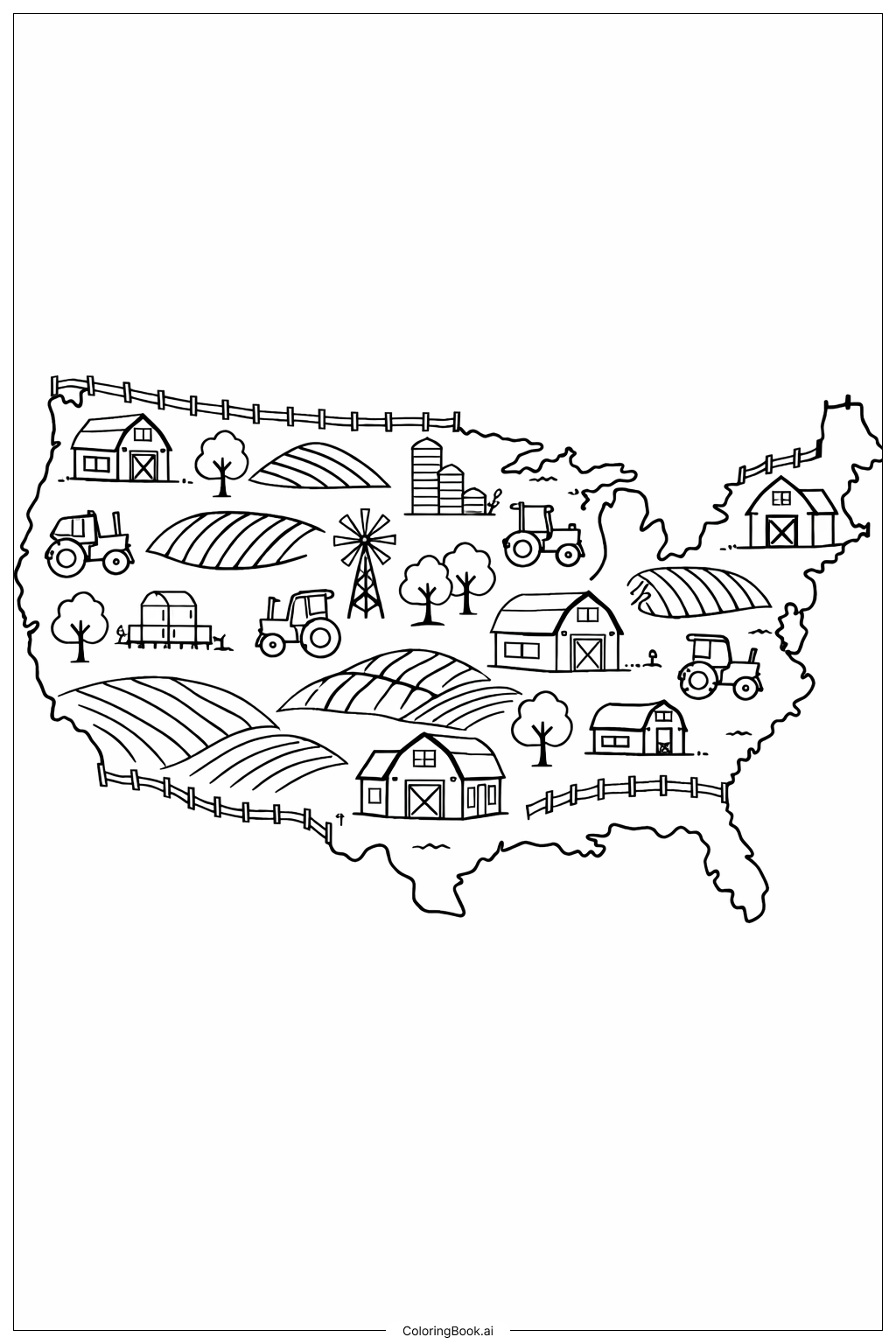  Page de coloriage Carte des États-Unis avec des icônes agricoles 