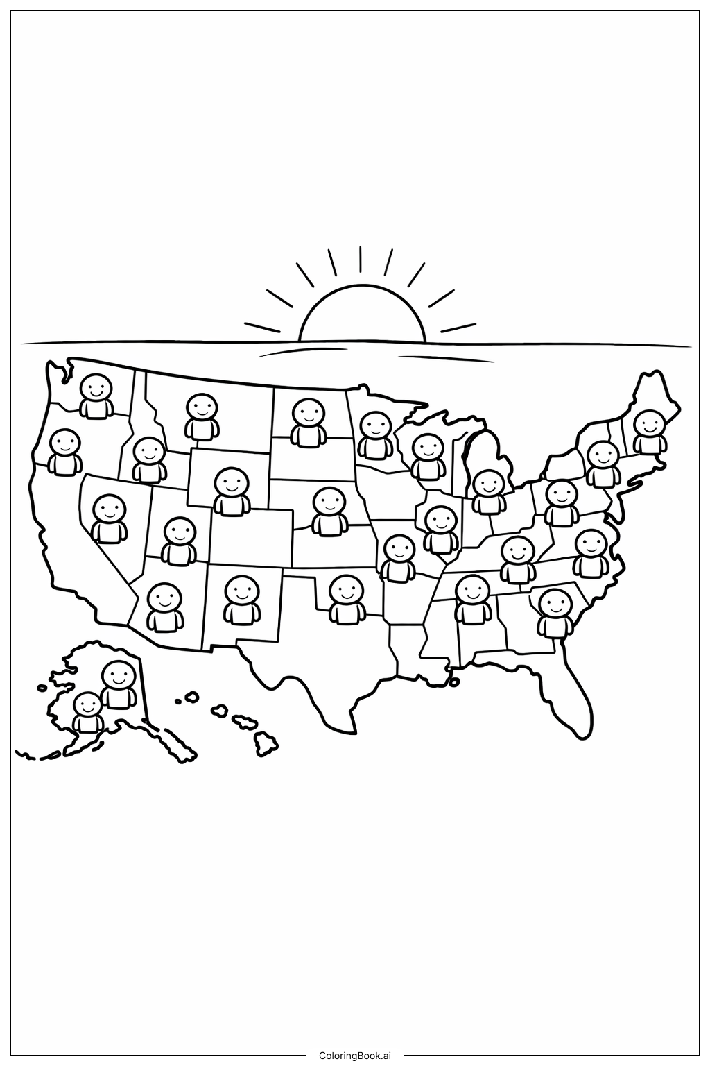  Page de coloriage Carte des États-Unis avec des gens amicaux 