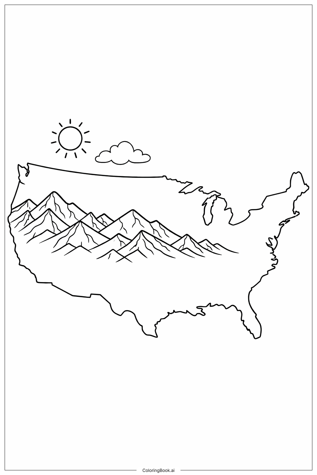  Página para colorir de Mapa dos Estados Unidos com Cadeia de Montanhas 
