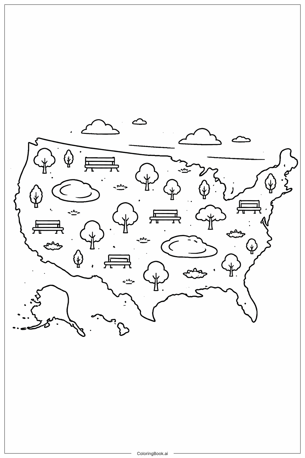  Página para colorir de Mapa dos Estados Unidos com Cenários de Parques 