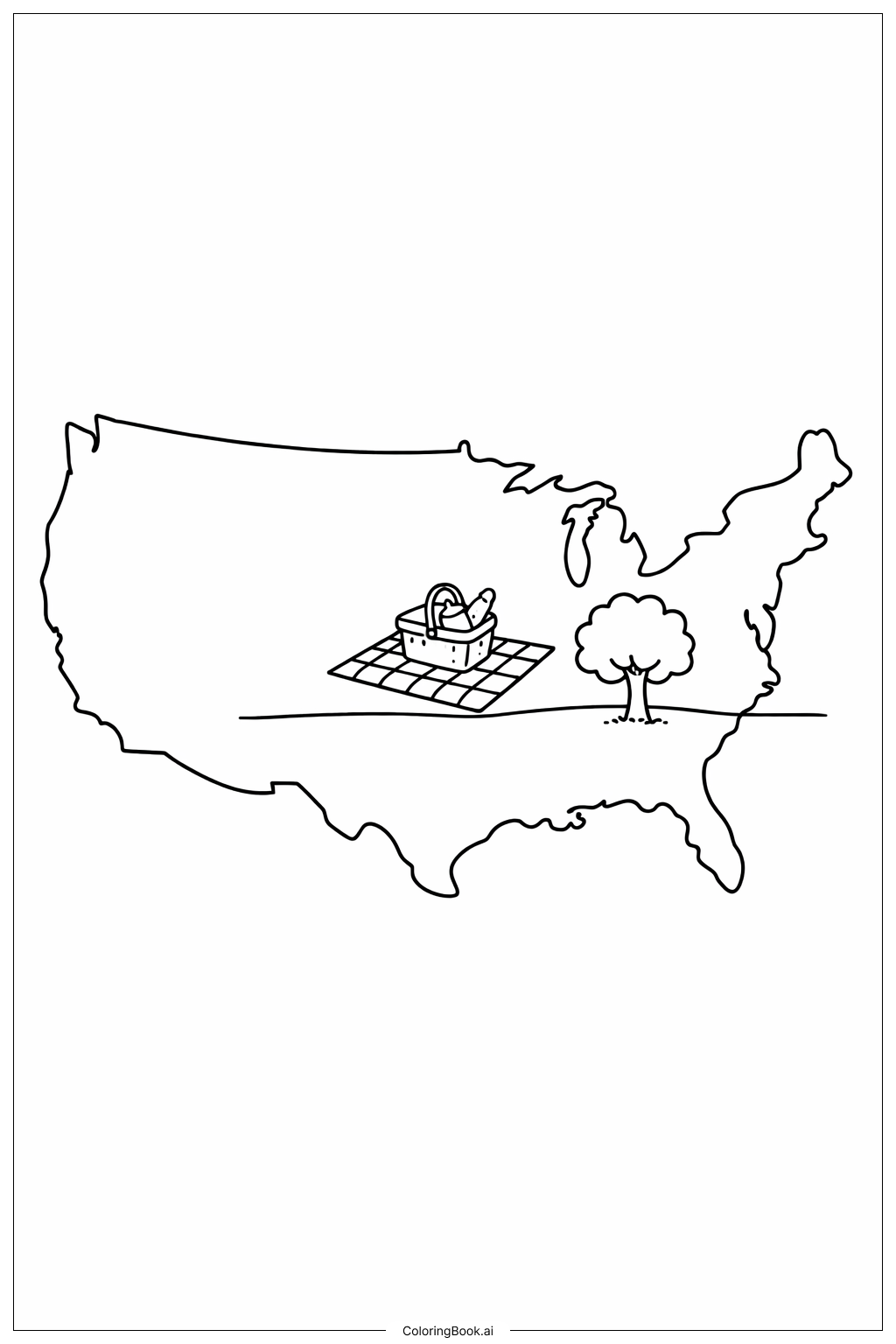  피크닉 장면이 있는 미국 지도 색칠공부 페이지 