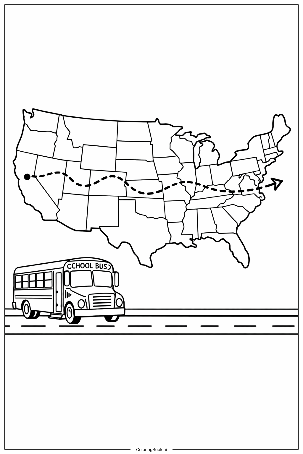  美國地圖與校車路線著色頁 