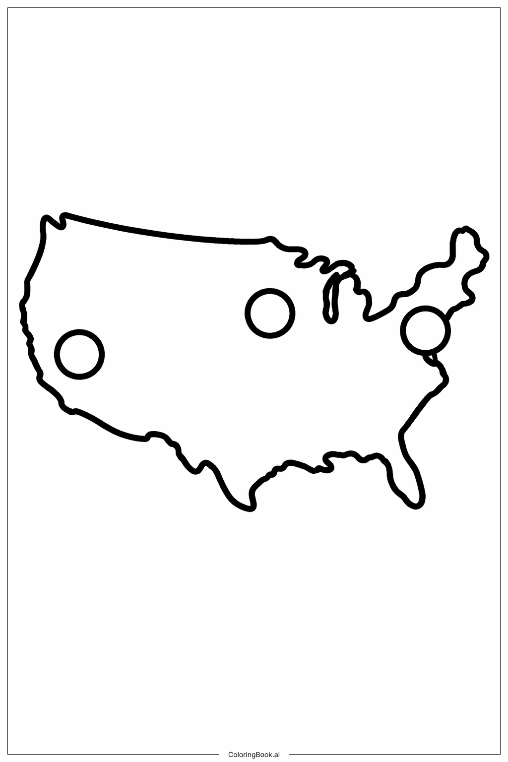  간단한 도시가 있는 미국 지도 색칠공부 페이지 