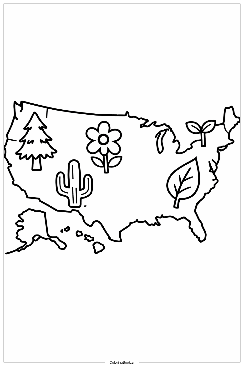  簡單植物美國地圖著色頁 