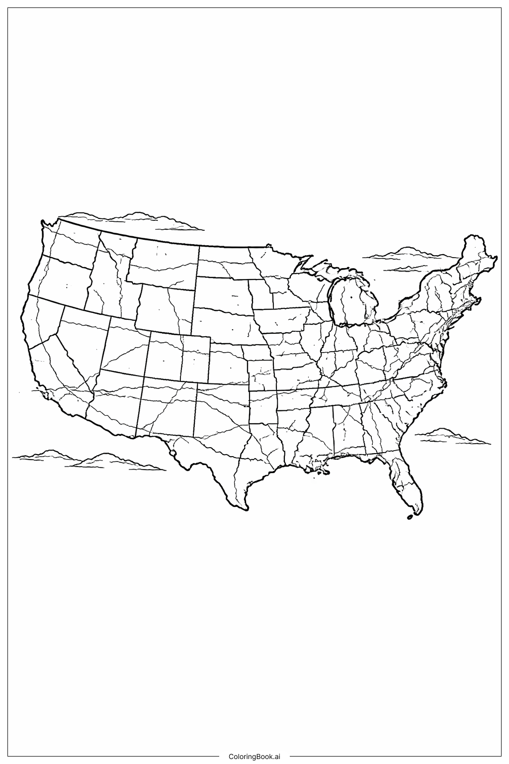  Page de coloriage Carte des États-Unis avec routes et rivières simples 