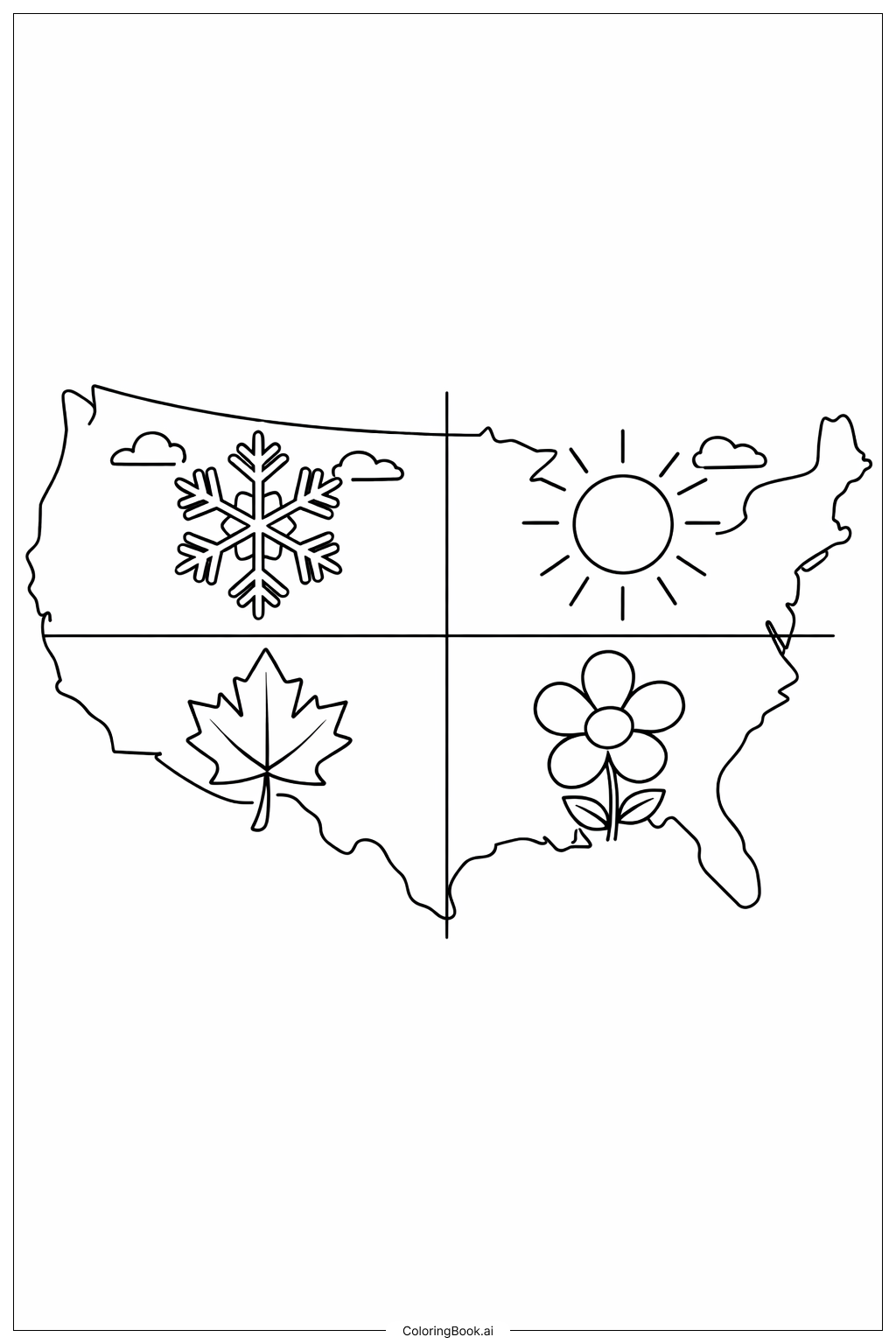  Page de coloriage Carte des États-Unis avec saisons simples 
