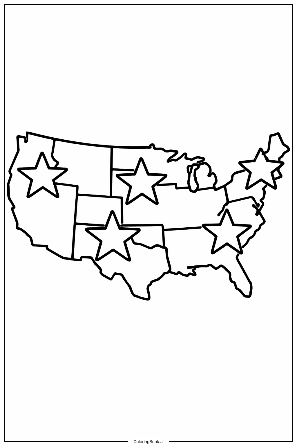  별이 있는 미국 지도 색칠공부 페이지 