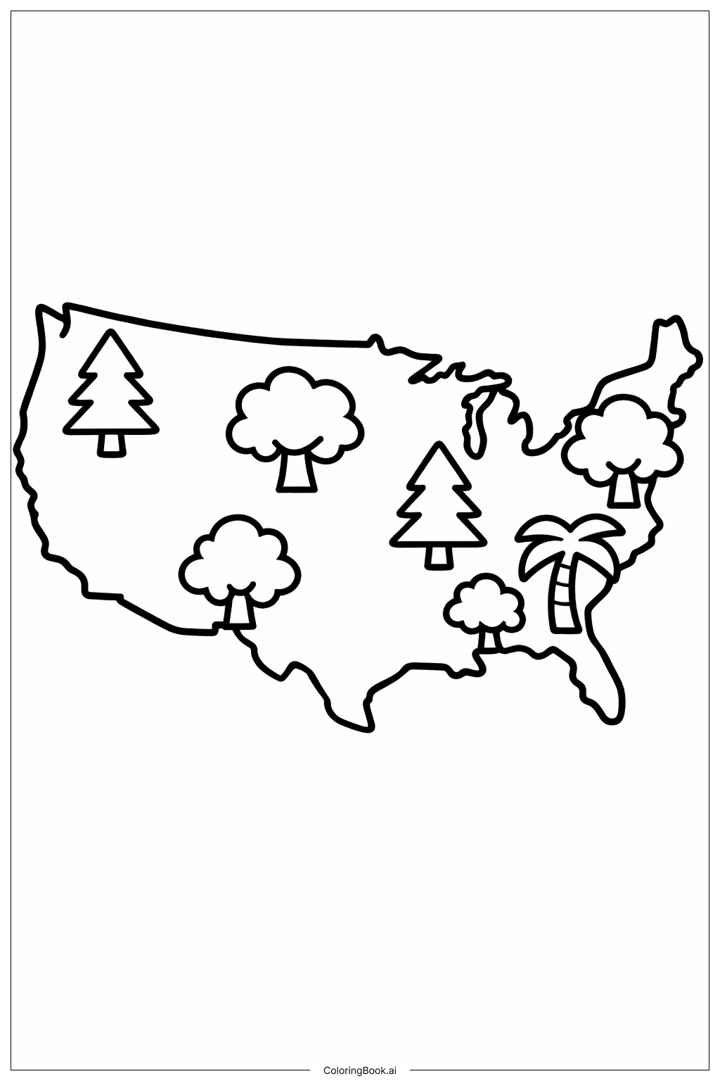  나무가 있는 미국 지도 색칠공부 페이지 