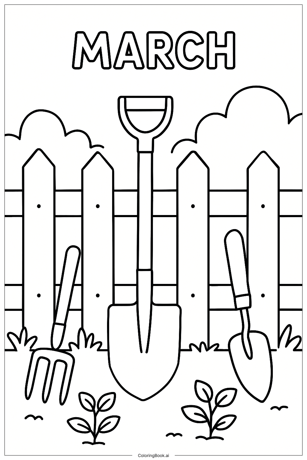  Página para colorir de Ferramentas de Jardim de Março 