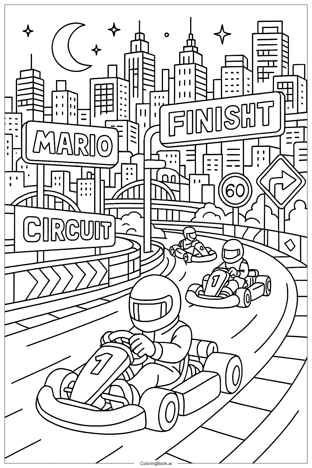 마리오 카트 나이트 시티 서킷 색칠공부 페이지