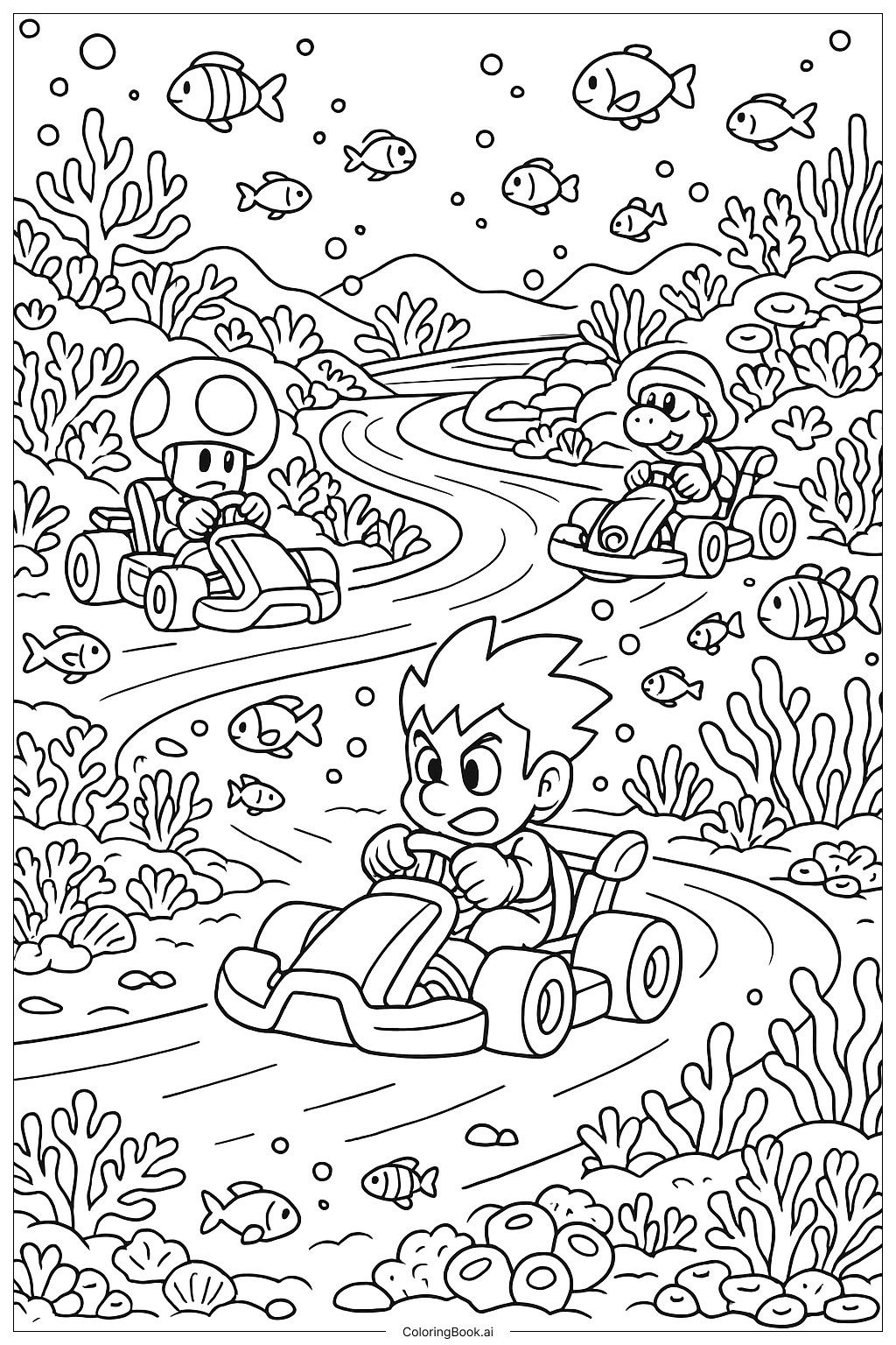  마리오 카트 수중 산호 트랙 색칠공부 페이지 