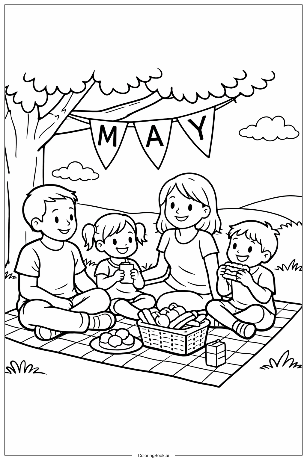  5월 가족 소풍 장면 색칠공부 페이지 