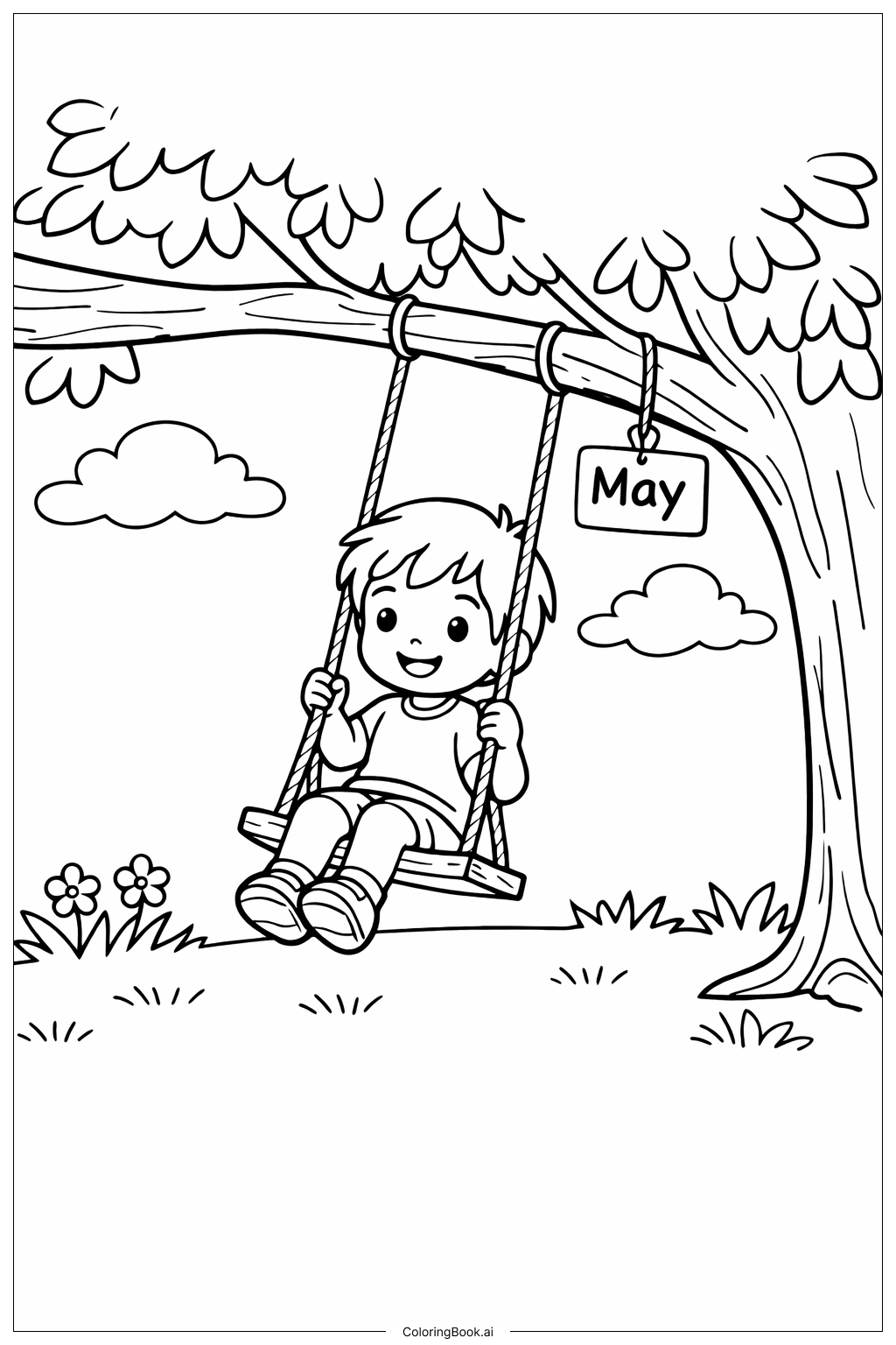  나무 아래 5월 그네 색칠공부 페이지 