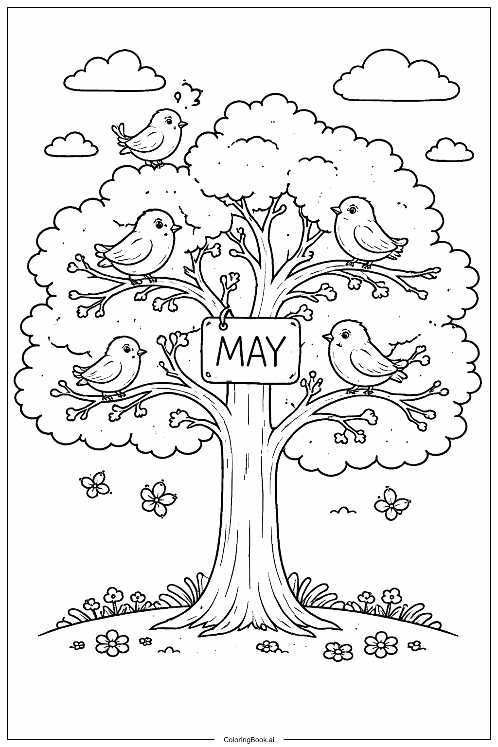  새들이 있는 5월 나무 색칠공부 페이지 