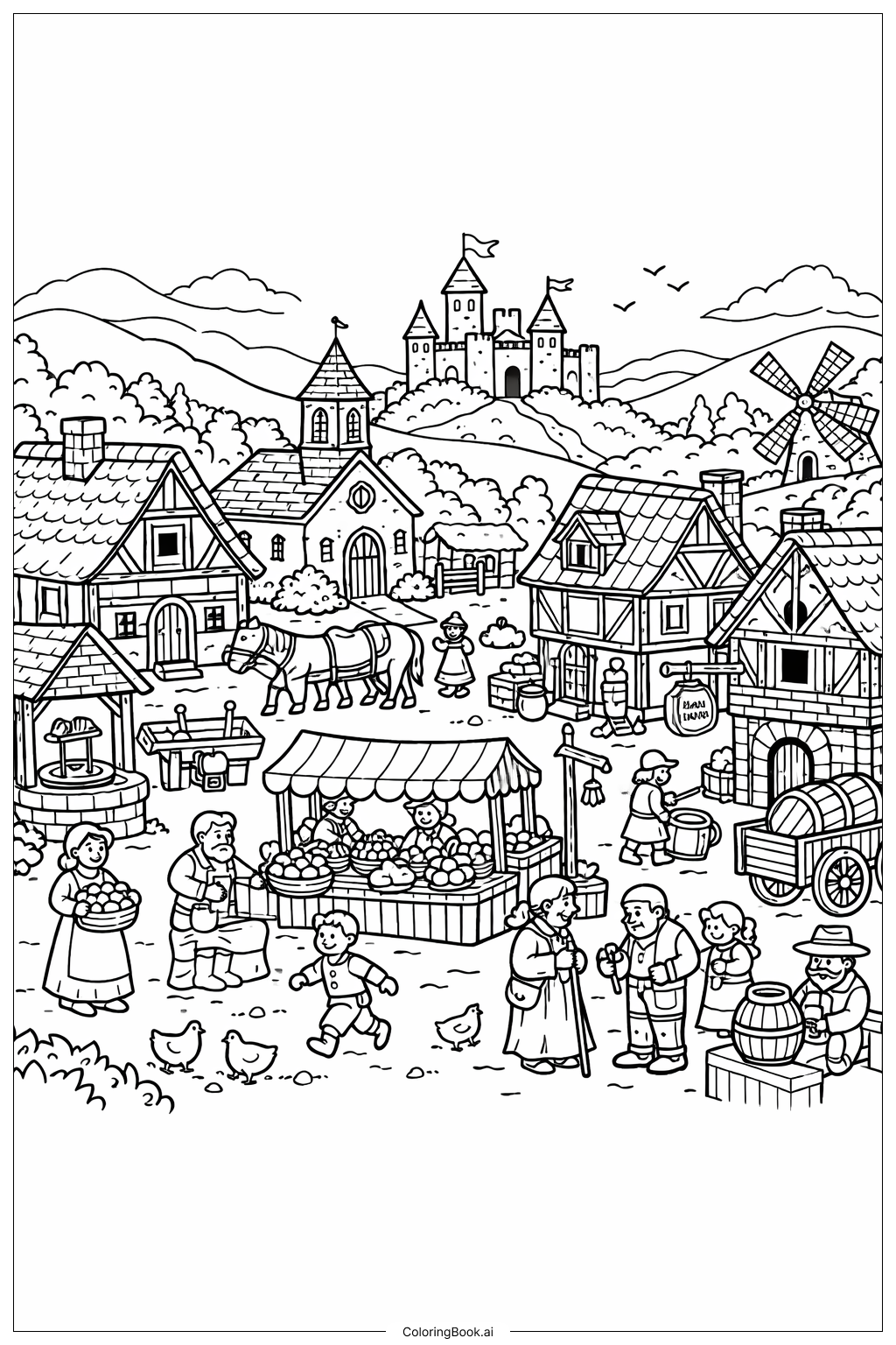 중세 마을 낙서 장면 색칠공부 페이지