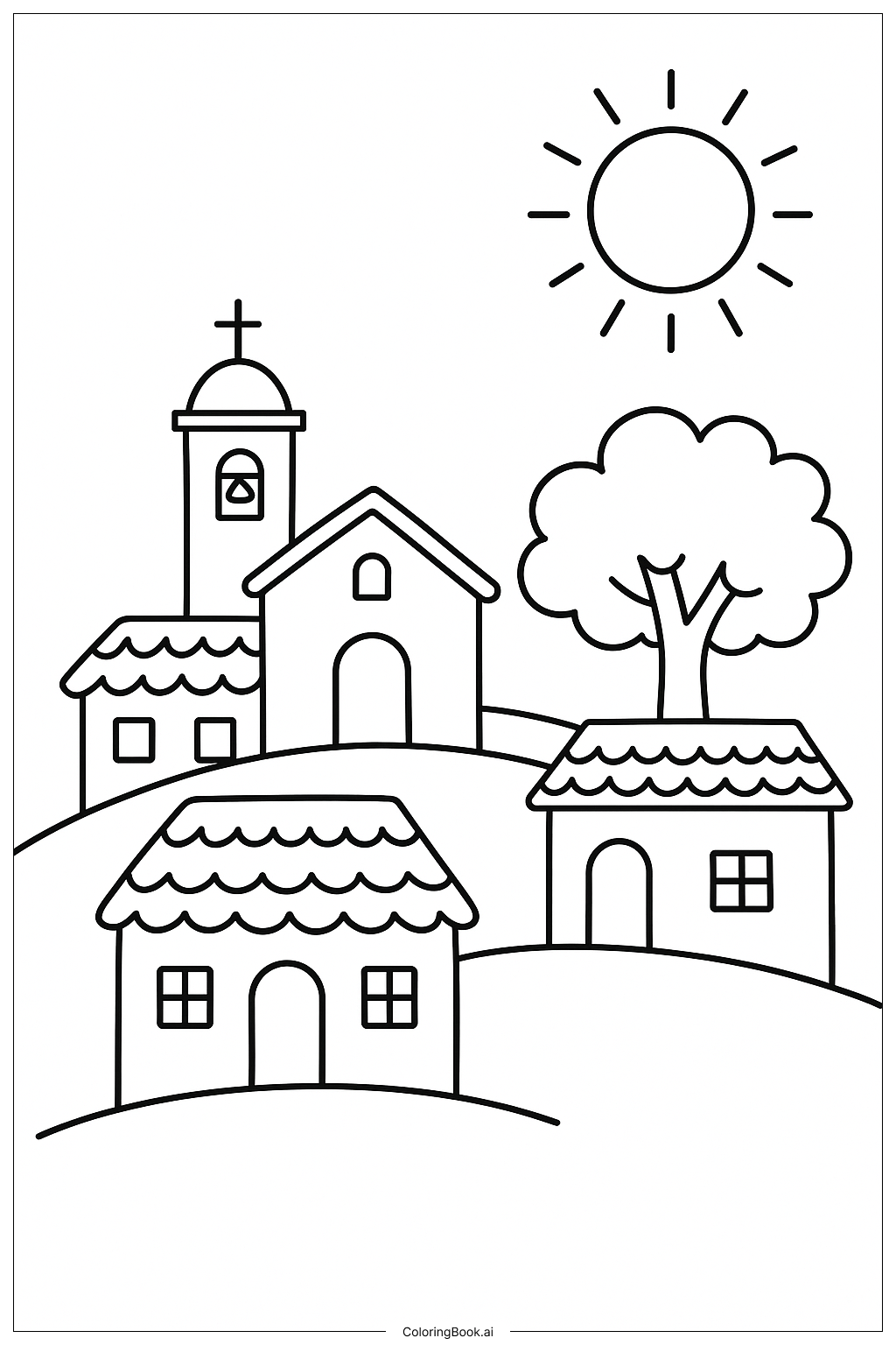  メキシコの村の風景の塗り絵ページ 