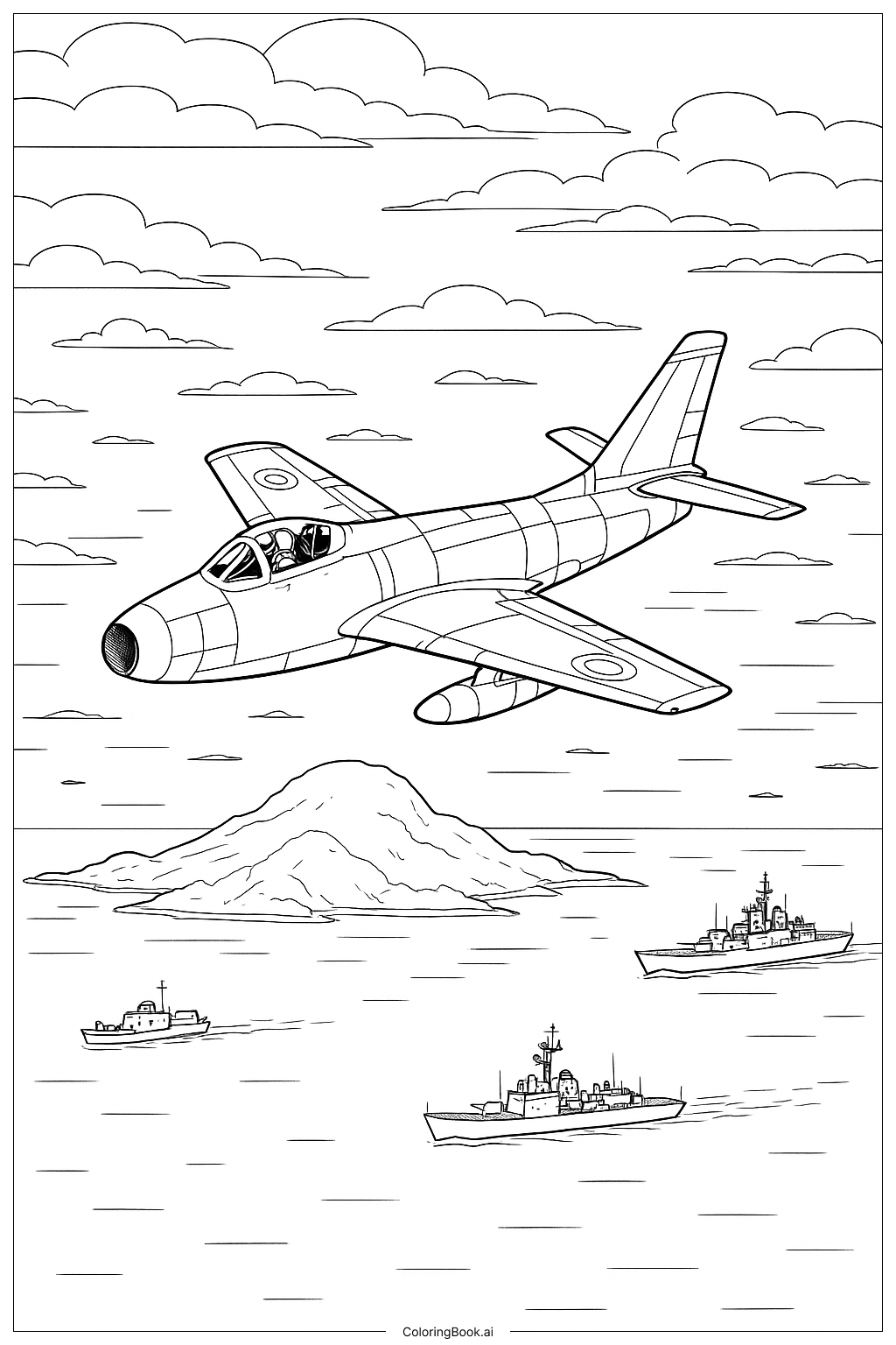 Página para colorear de Avión Militar Sobre Isla