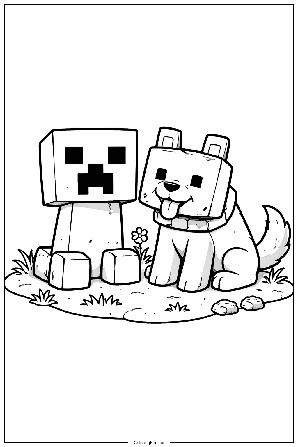  Minecraft 苦力怕和友好的狼填色页 