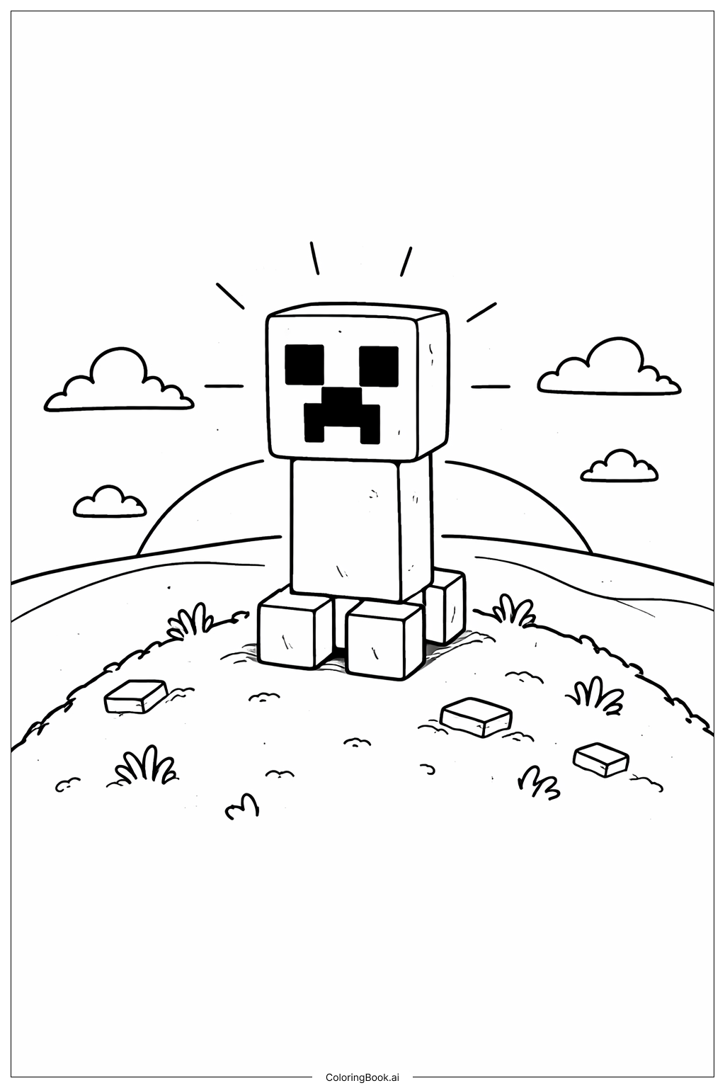  Minecraft 苦力怕夕阳山丘填色页 