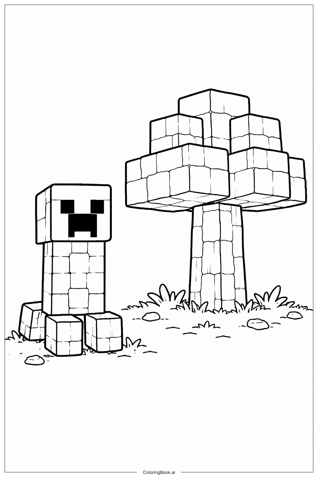  树旁的Minecraft苦力怕填色页 