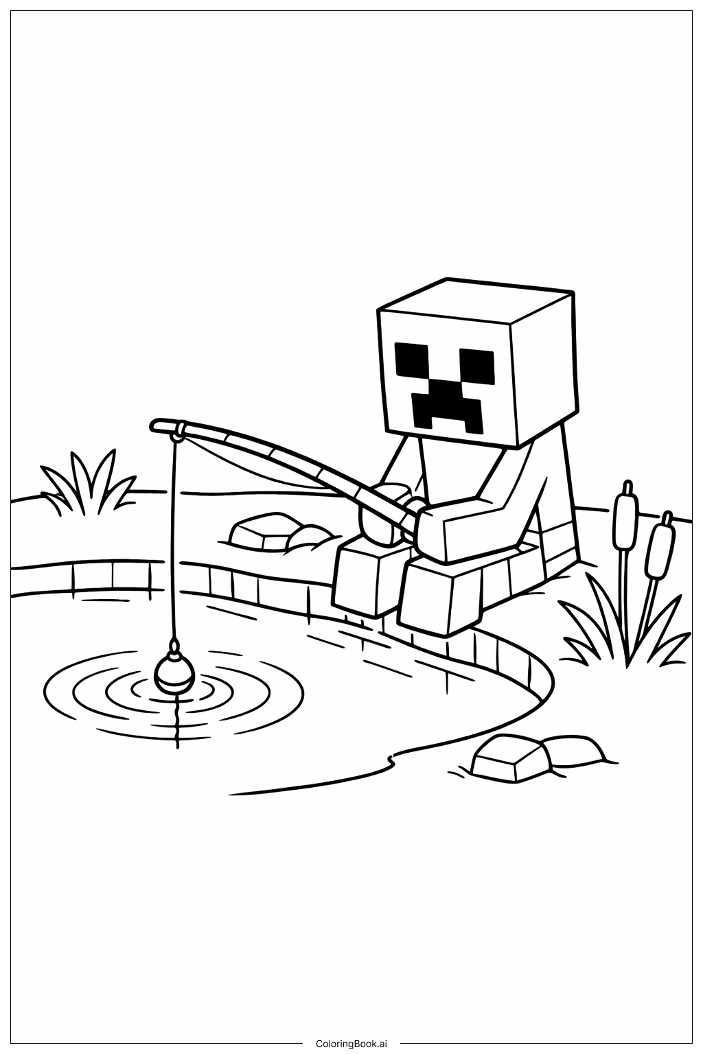  我的世界苦力怕在池塘钓鱼填色页 