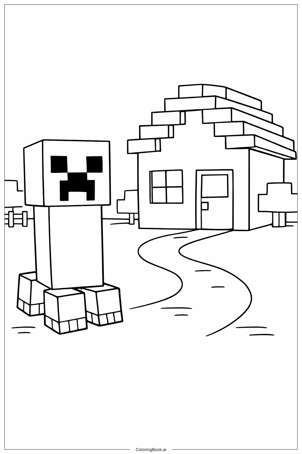 我的世界苦力怕在村庄房子附近填色页 