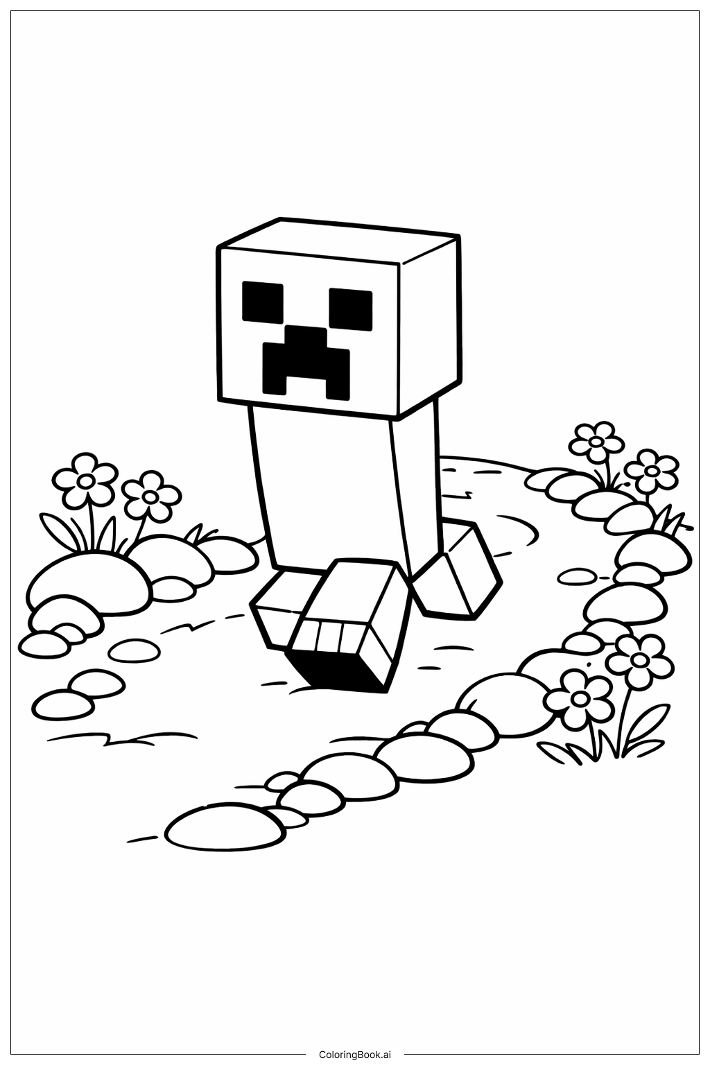  Minecraft 苦力怕在花径上填色页 