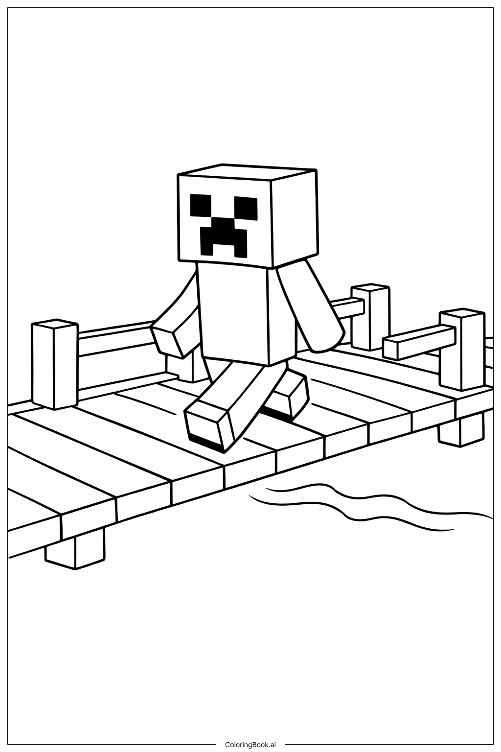  木桥上的Minecraft苦力怕填色页 