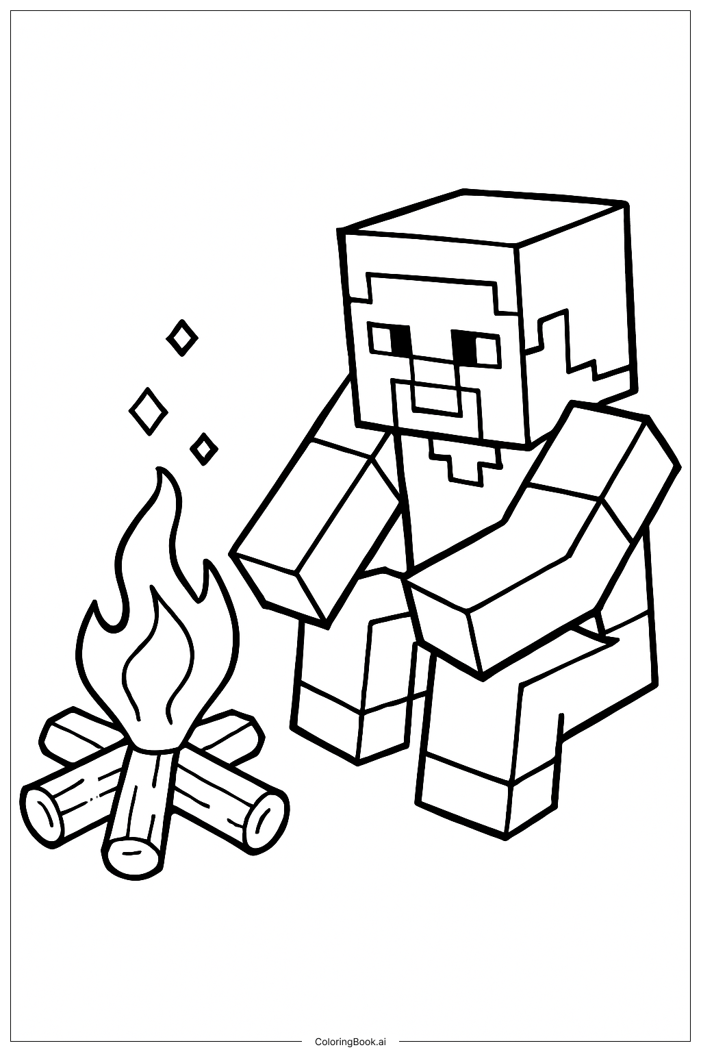  Minecraft 史蒂夫在篝火旁填色页 