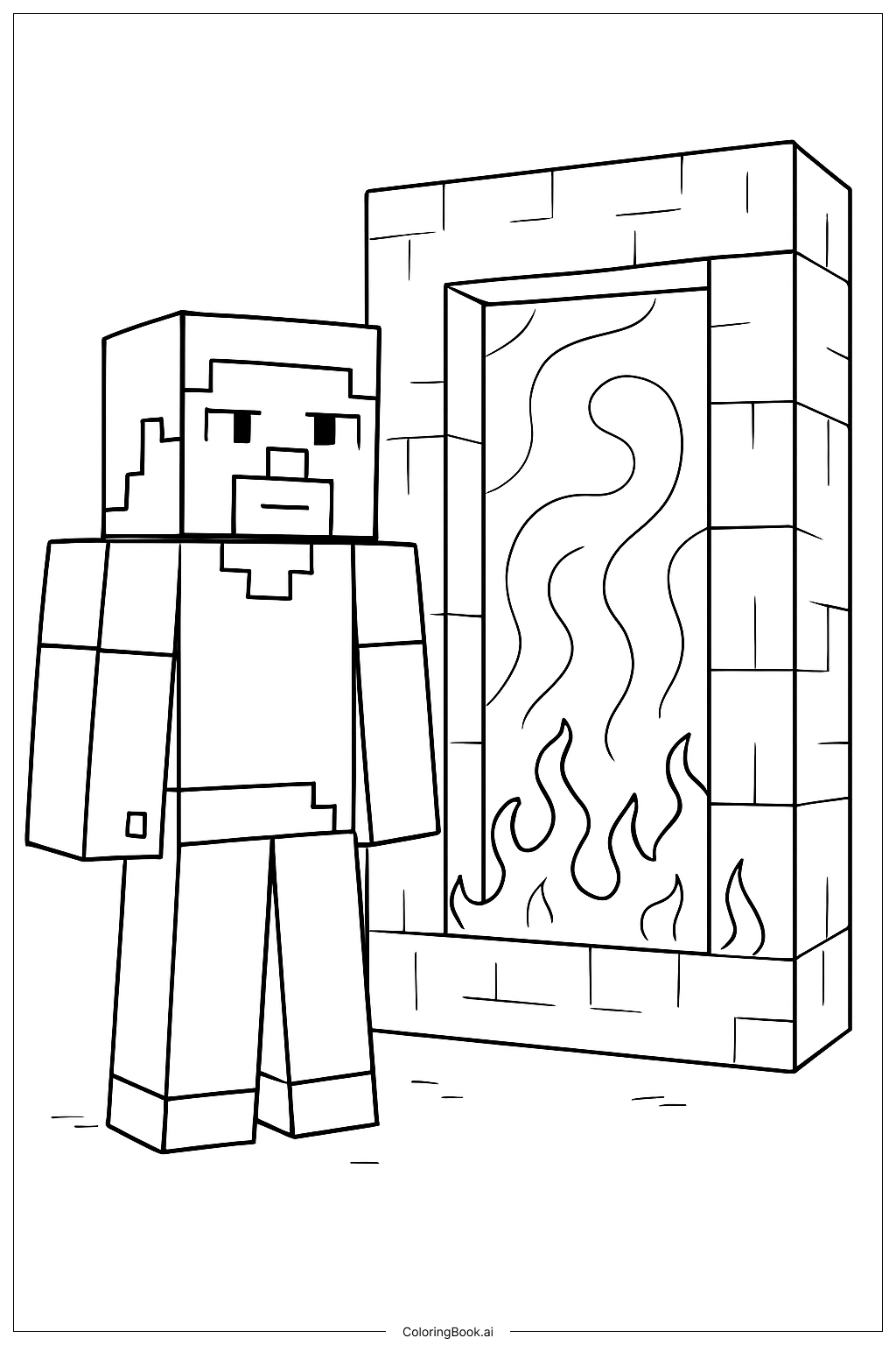  我的世界 史蒂夫 在地狱传送门旁填色页 