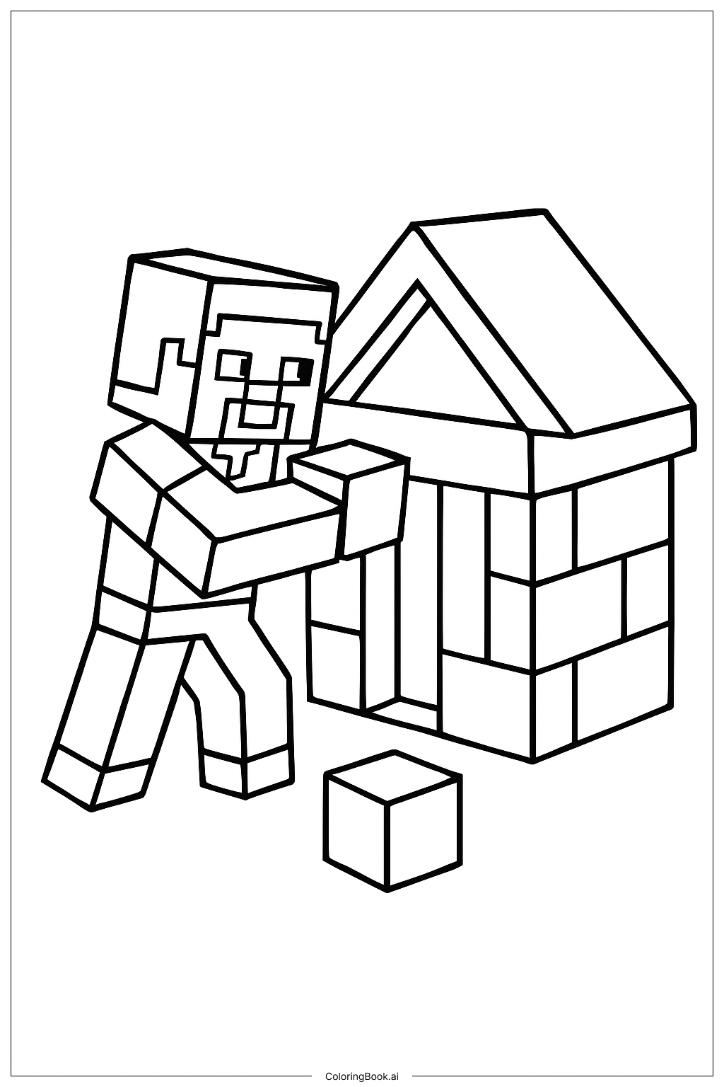  Minecraft 史蒂夫建房子填色页 