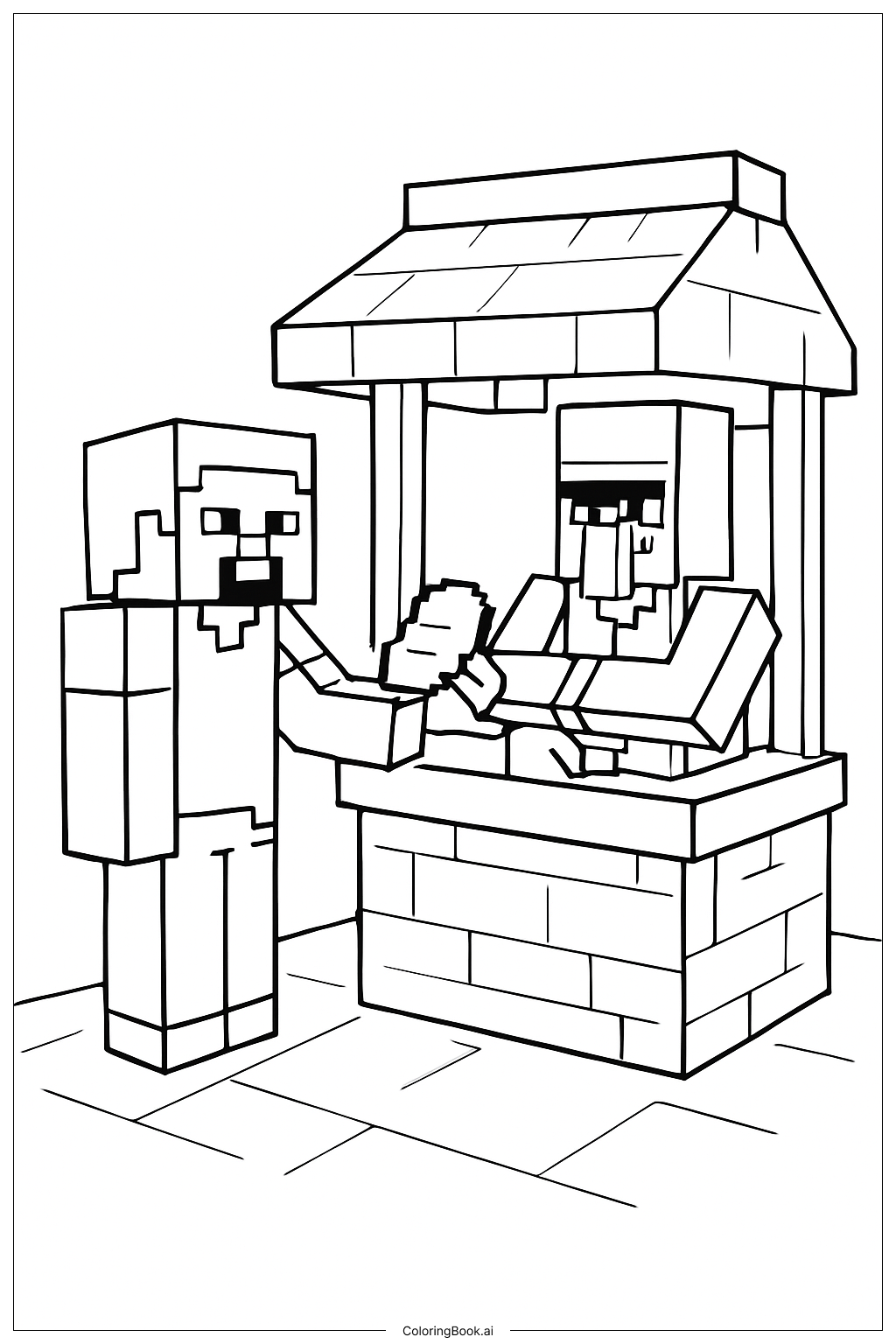  我的世界史蒂夫与村民交易填色页 