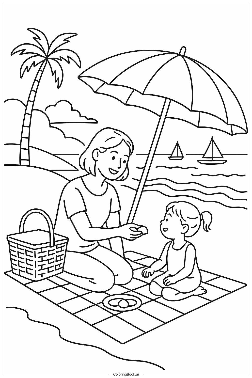  해변 소풍의 엄마 색칠공부 페이지 