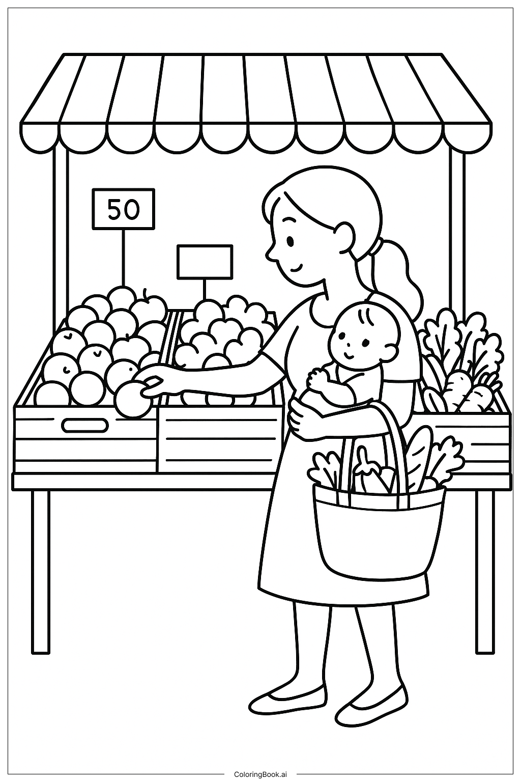  Página para colorear de Mamá en el Mercado de Agricultores 