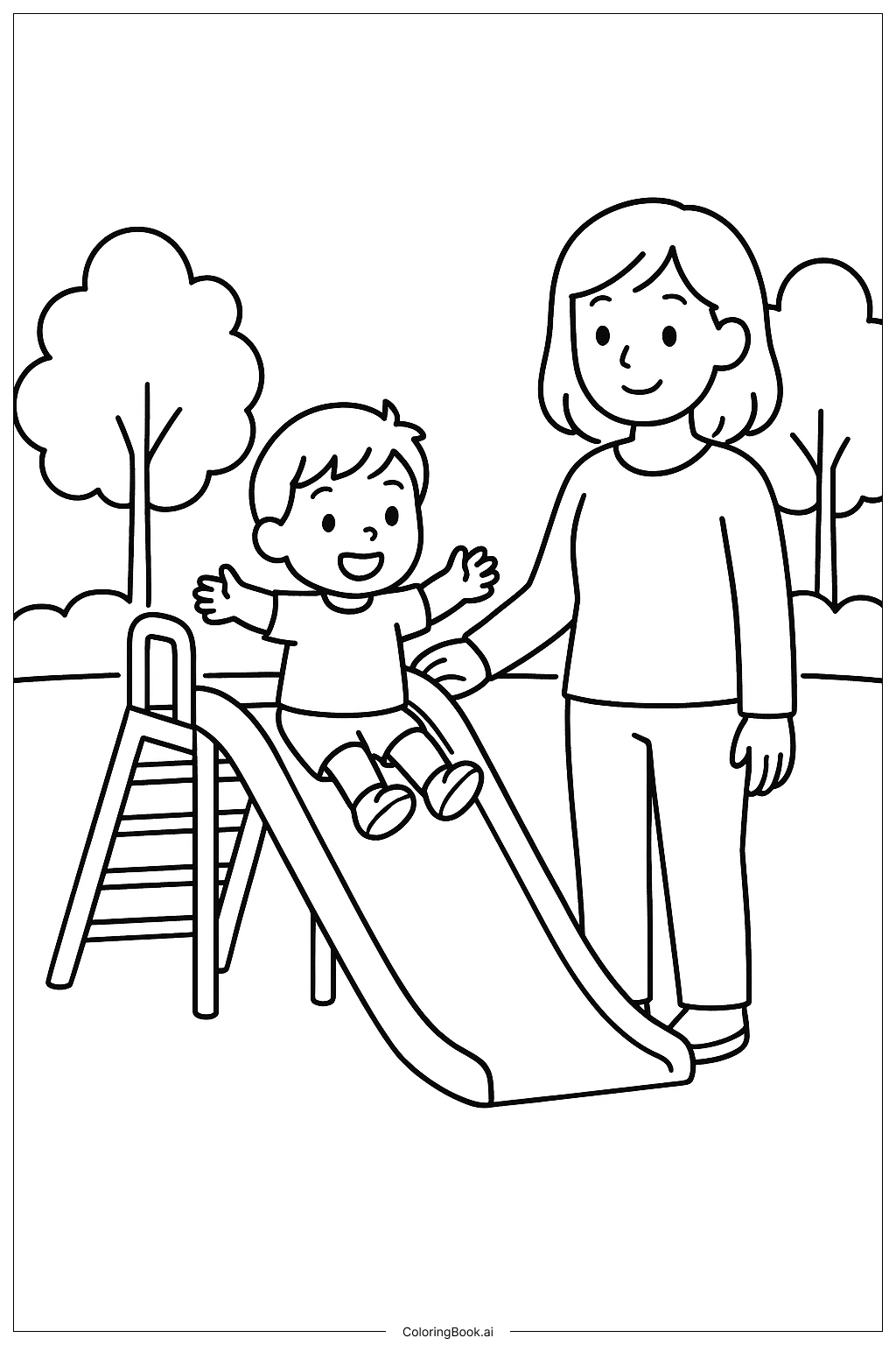  놀이터 미끄럼틀에 있는 엄마 색칠공부 페이지 