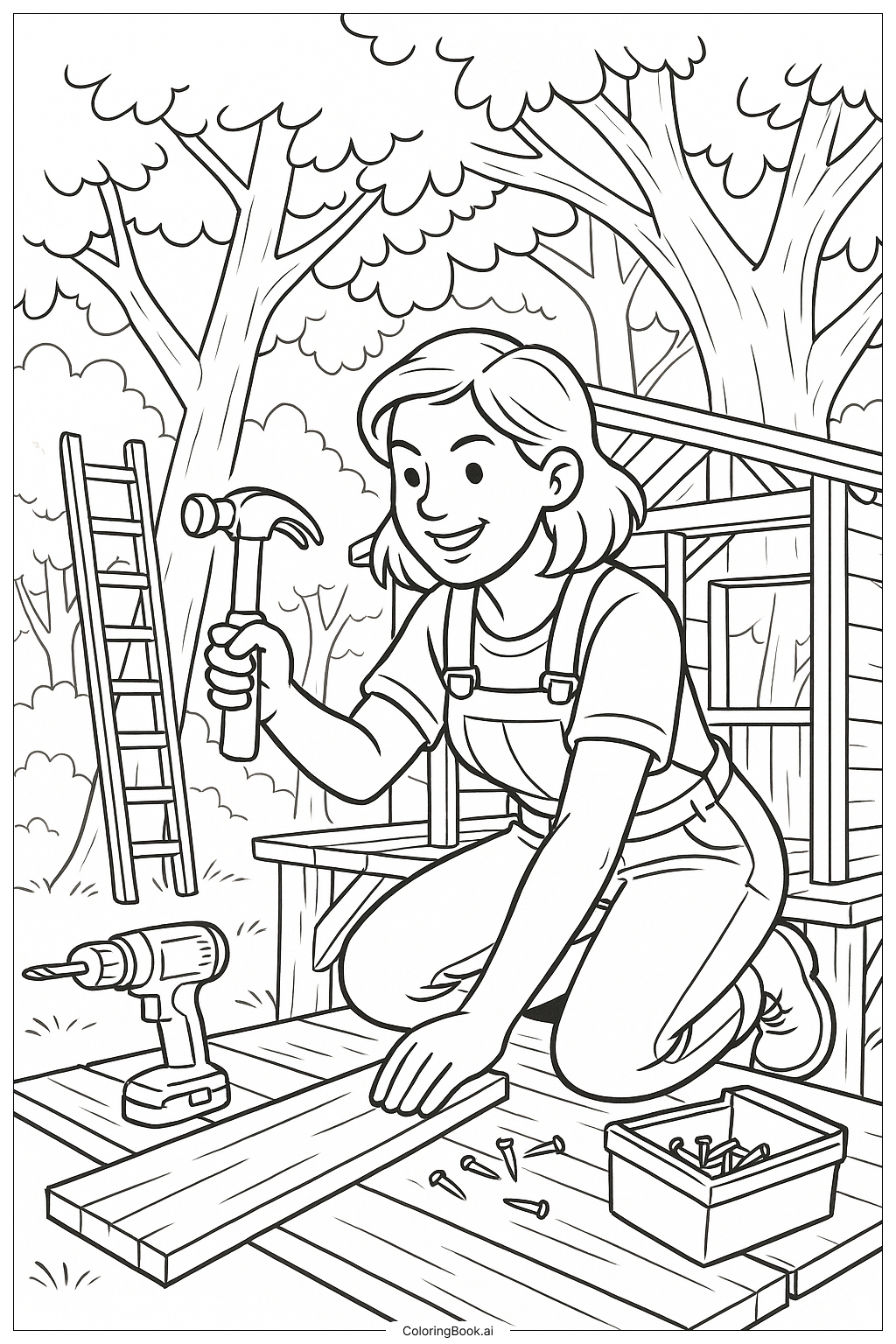  Página para colorir de Mãe Construindo uma Casinha na Árvore 