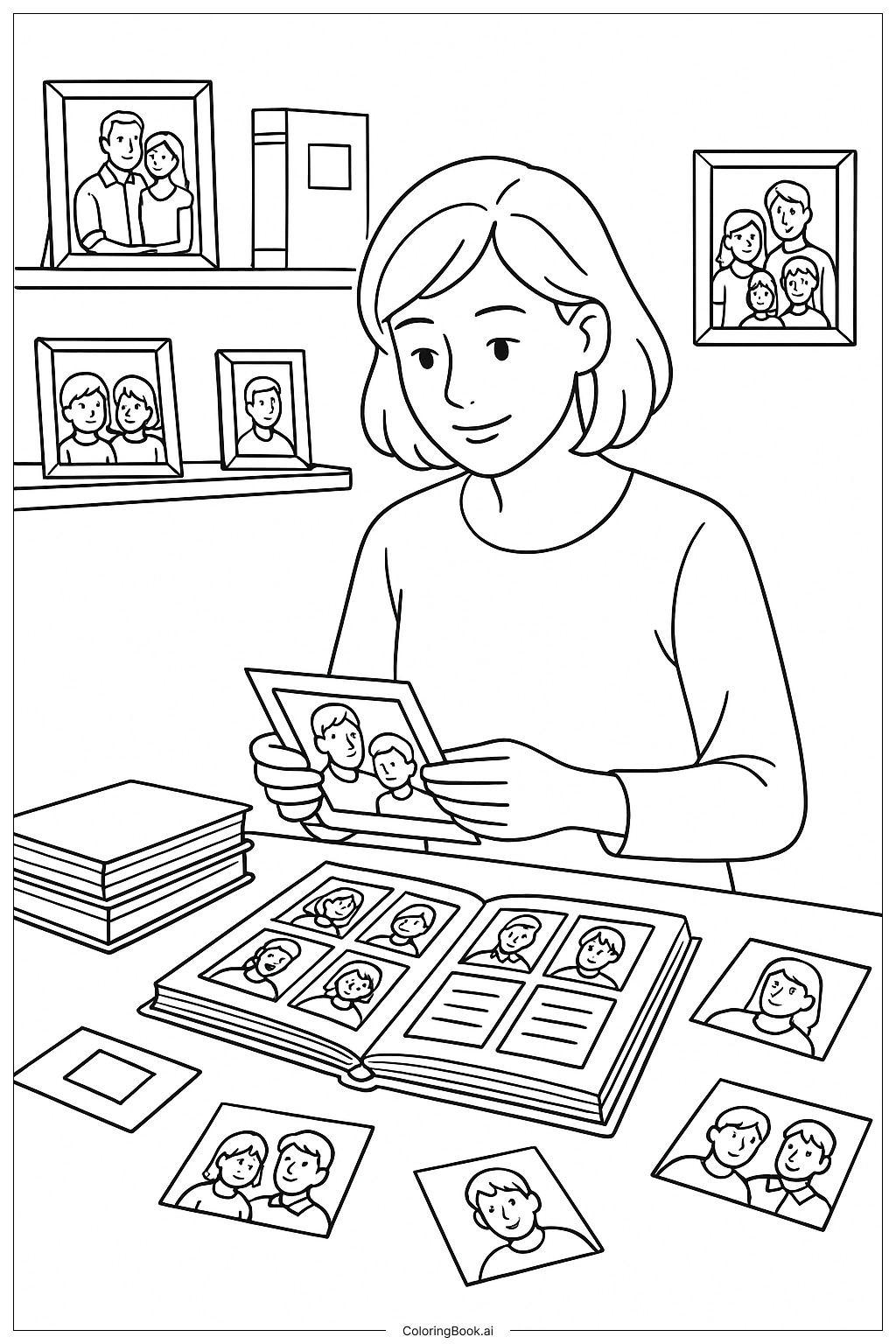  가족 사진 정리하는 엄마 색칠공부 페이지 