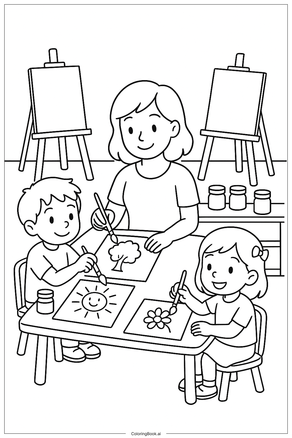  Página para colorear de Mamá pintando con niños 