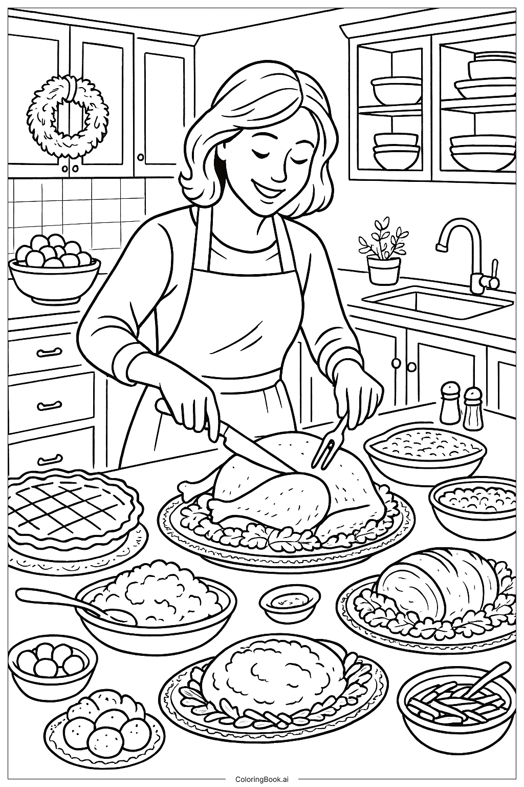  Página para colorear de Mamá preparando la cena de fiesta 